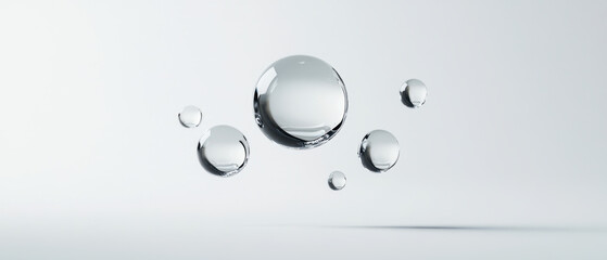 Floating water droplets create serene and abstract visual effect, showcasing their reflective surfaces and delicate forms