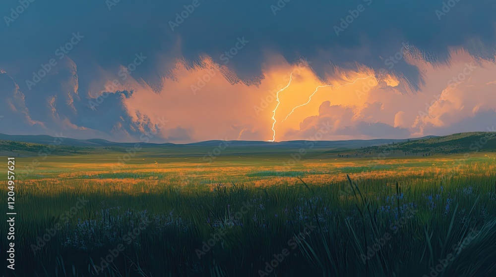 Canvas Prints Lightning Storm Over Golden Prairie Landscape