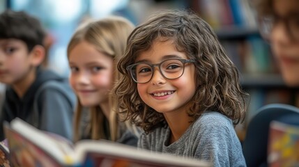 Obraz premium A smiling girl with curly hair and glasses reads a book in a library, surrounded by other children enjoying their reading time.