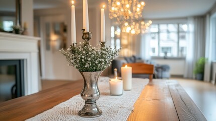 A well-curated dining area with home decor accessories such as a chic vase, candles, and table runners