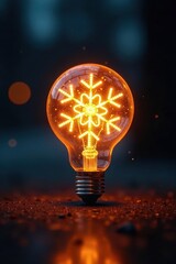 Glowing snowflake shaped light bulb illuminates the darkness, illuminated, light bulb
