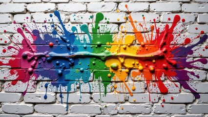 Fototapeta premium A striking blend of white brick and vibrant paint splatters forms a dynamic abstract pattern on an outdoor wall, showcasing nature's artistry in every hue and texture