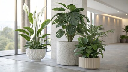 Indoor Greenery: Three potted plants, a peace lily, monstera deliciosa, and schefflera, thrive in a bright modern interior space, adding a touch of nature and tranquility to the minimalist design.