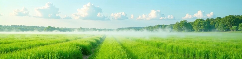 Obraz premium Morning mist rises from a lush grassy field with puffy white clouds, clouds, fog, natural
