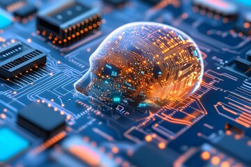 A digital human head with glowing circuitry, symbolizing artificial intelligence