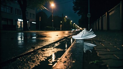 Sole Mates: A single white sneaker sits abandoned in a puddle on a rainy city street, reflecting the dim glow of streetlights, casting an urban atmosphere.