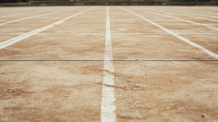 Empty running track lanes on a dusty, worn surface.