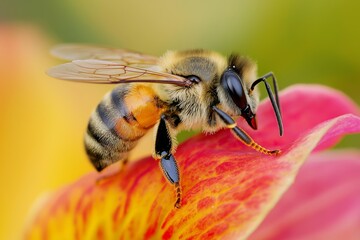 Fototapeta premium bee resting on a vividly colored flower, with intricate details of the bee's body and the flower's texture, showcasing the beauty of nature