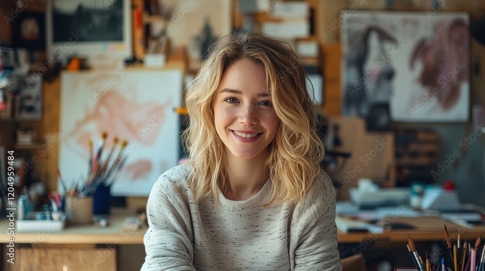 Poster she is smiling and looking at the camera. generative ai