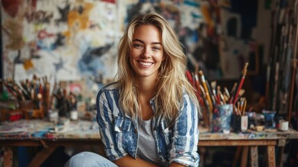 Fototapeta premium A woman is sitting in front of a table full of paintbrushes. Generative AI