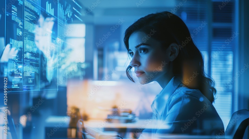 Aufkleber a woman is sitting in front of a computer screen with a blurry background. generative ai