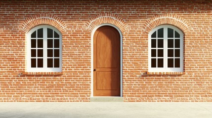 Rustic Brick Building Exterior with Arched Windows and Door