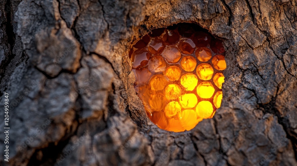 Poster detailed macro shot of honeycomb embedded in tree bark with warm illuminated glow