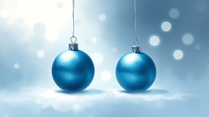 Two teal Christmas ornaments hanging against a bokeh background.