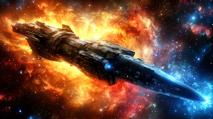 Spaceship traversing nebula, cosmic flight, fiery background, sci-fi artwork