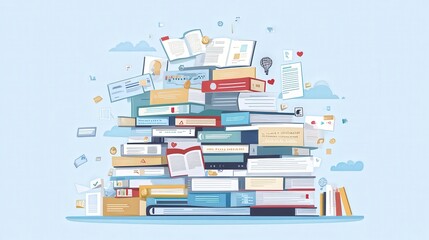 Colorful Stack of Books with Icons on Light Blue Background