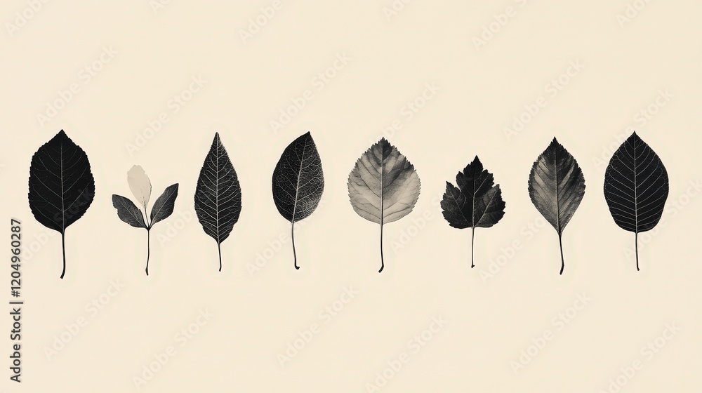 Poster unique collection of leaves in monochrome style for artistic design