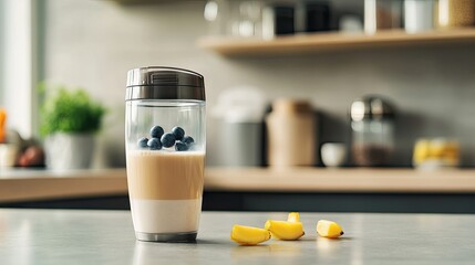 A transparent shaker bottle with a protein shake and visible mixing ball, placed on a countertop.
