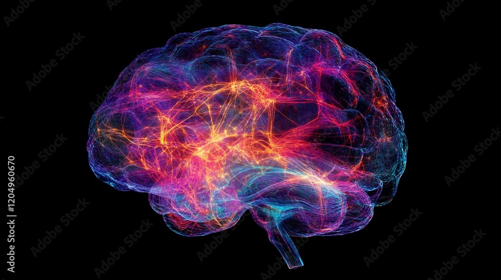 Poster digital representation of human brain with vibrant colorful neural networks isolated on black backgr