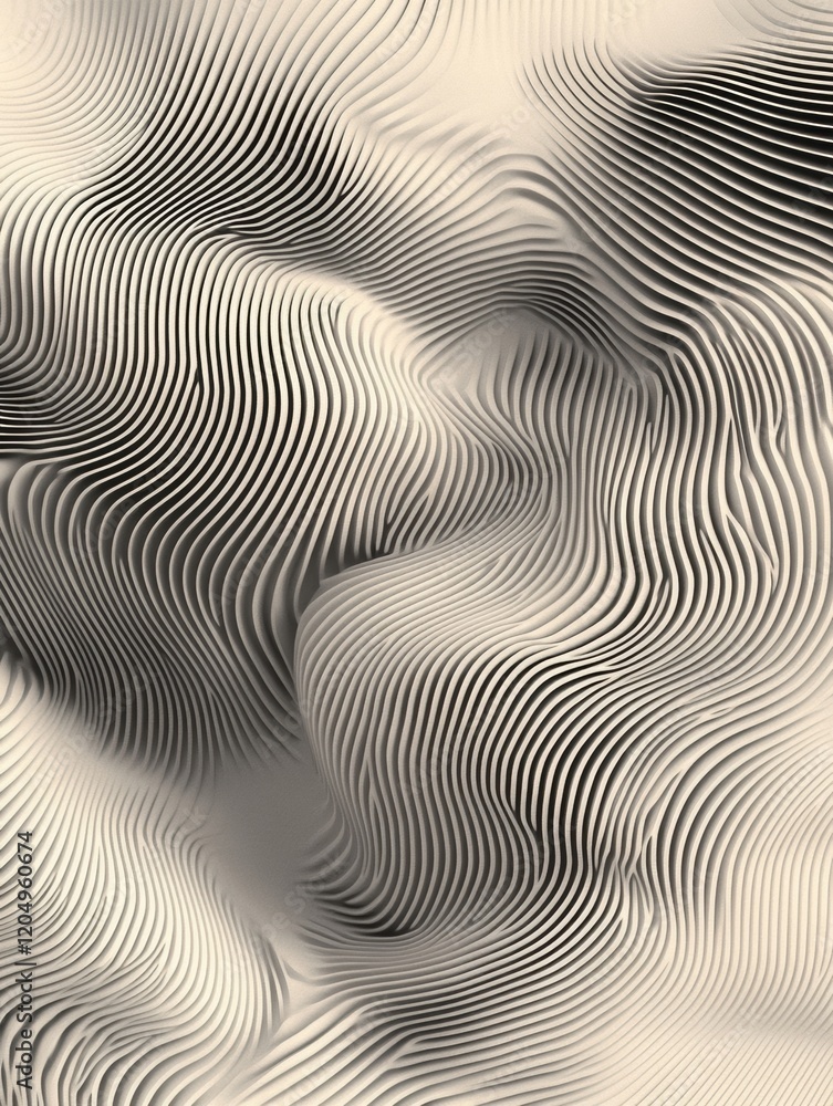 Poster Abstract patterns create a rhythmic flow in a monochrome landscape of textured waves and lines. Generative AI