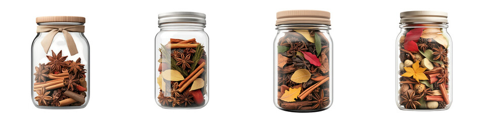 collection of mason jars filled with colorful spiced potpourri, showcasing various natural elements and textures
