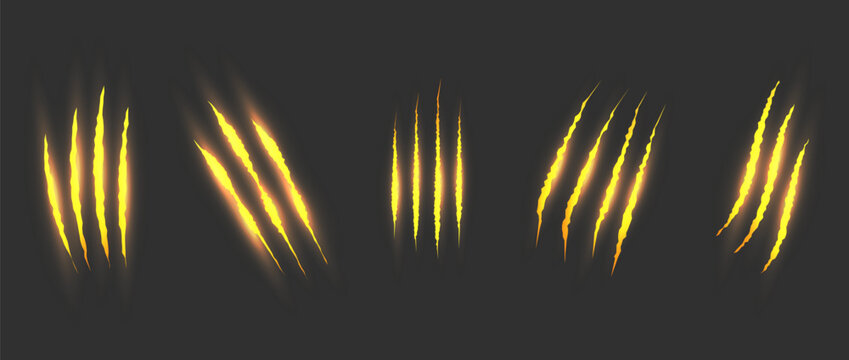 Cat scratch. Golden claw scratches set isolated on black background. Dragon, bear or tiger claw marks. Halloween monster paw scratch trace on surface. 3d vector illustration.