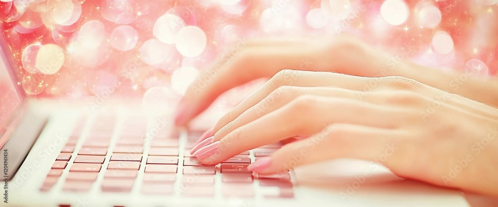 Poster Close-up of hands typing on laptop keyboard with bokeh background.