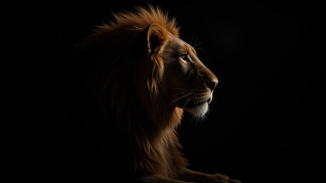 A majestic male lion's face emerges from darkness, eyes glowing with intensity as his head shifts subtly, capturing an enigmatic moment against a stark black backdrop. Shadows dance across his powerfu