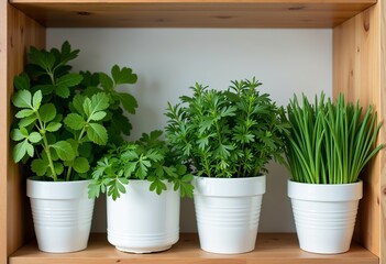Close Up Kitchen Herb Wall Thyme Parsley Mint Chives Wooden Shelf Realistic Simple Minimalist Bright Photorealistic Soft Shadows

