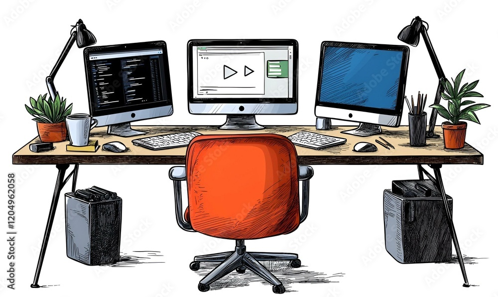 Poster diverse work environments, three distinct desks showcasing unique setups, reflecting different style