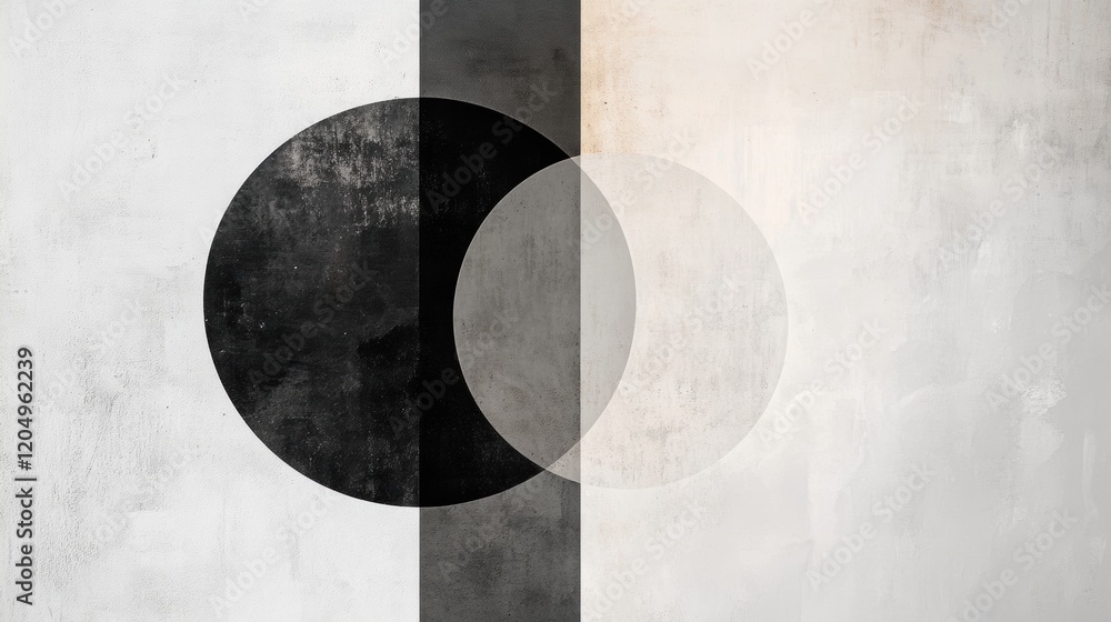Poster abstract composition with overlapping circles and vertical stripes in monochrome tones on textured s