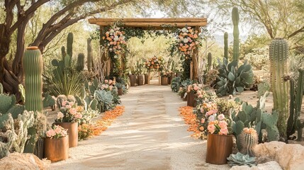 A scenic wedding aisle adorned with vibrant flowers and cacti, framed by a wooden archway under a tree, creating a romantic atmosphere in nature.