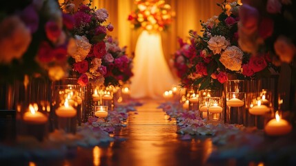 Obraz premium A romantic wedding aisle adorned with vibrant flowers and glowing candles, creating a warm and inviting atmosphere for the special ceremony.