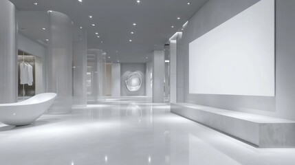 Modern minimalist showroom, white interior, bathtub, display, advertising