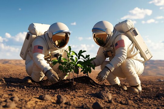 Astronauts Planting the First Saplings on Mars Blending Futuristic Tech with Environmental Hope