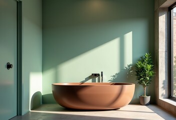 Urban Bathroom Photo Real Matte Bathtub Terracotta Round Basin Vertical Green Zellige Tiles No Plants Minimalist Design 8K

