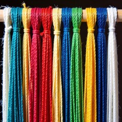 Threads and yarns hanging from a wooden dowel, thread, textile, tangled