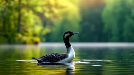 Obraz premium Spring landscape with a loon taking off, mist enveloping the serene waters, soft hues of dawn illuminating the tranquil scene.