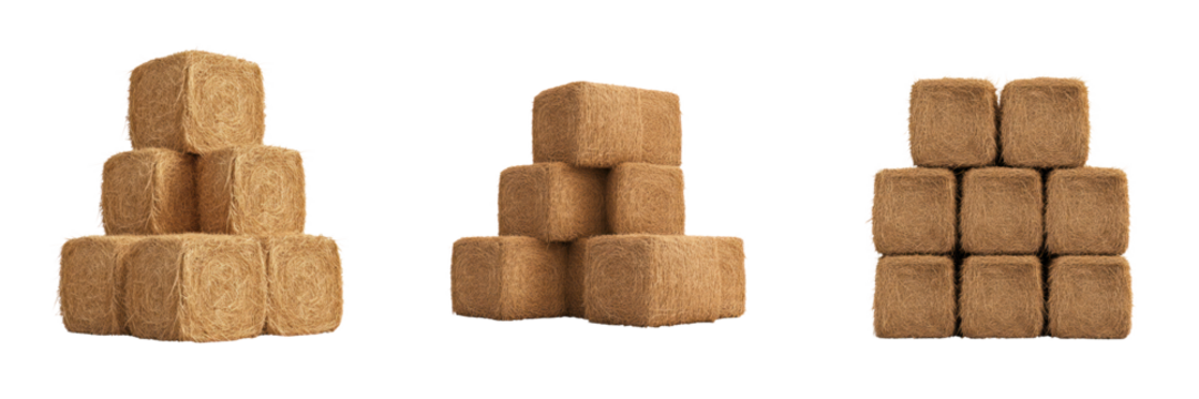 Stack of hay bales in various arrangements, showcasing autumn vibes and natural textures