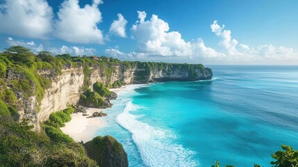 Obraz premium A stunning tropical coastline with cliffs, turquoise waters, and vibrant greenery under a bright blue sky, ideal for relaxation and adventure.