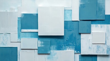Abstract artwork featuring shades of blue and white in various geometric shapes and sizes displayed elegantly on a wall. Generative AI