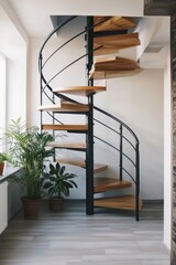 Fototapeta premium Modern wooden spiral staircase in bright home interior