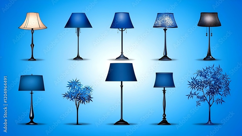 Poster luminous collection, a striking arrangement of lamp silhouettes casting intricate shadows, creating 