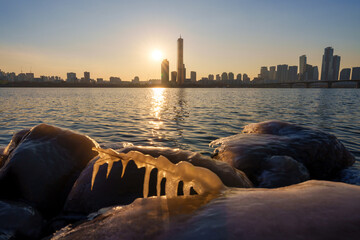 Sunset at seoul city and Downtown skyline in Seoul, South Korea.	