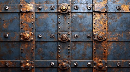 Fototapeta premium Textured metal surface featuring rivets and scratches in an industrial setting conveying age and durability