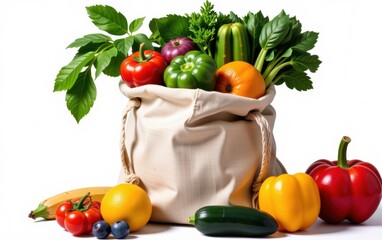 A vibrant assortment of fresh vegetables spilling out of a reusable cloth bag, emphasizing sustainable shopping and healthy eating.