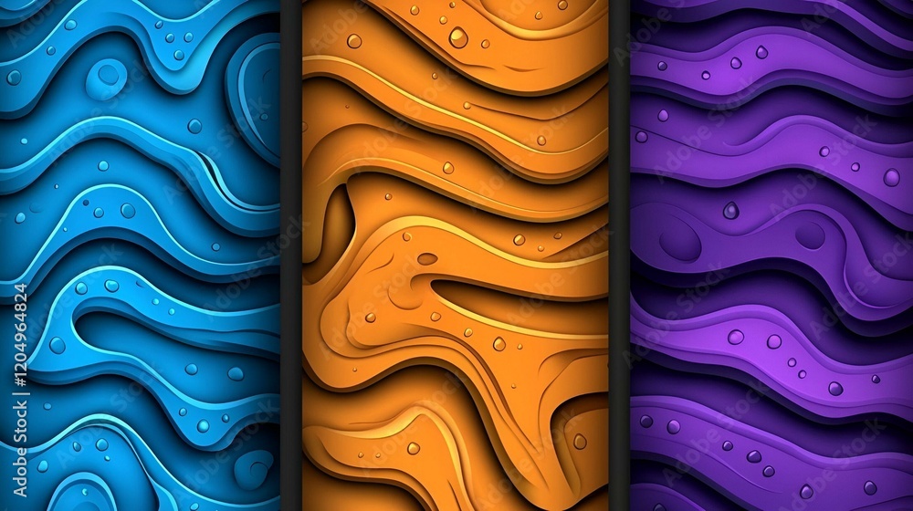 Poster vibrant abstract trio, a collection of dynamic, colorful patterns blending fluid shapes and bold hue