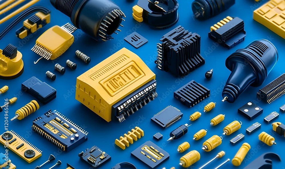 Poster isometric icons of electronic components, a collection showcasing various electronic parts in a thre