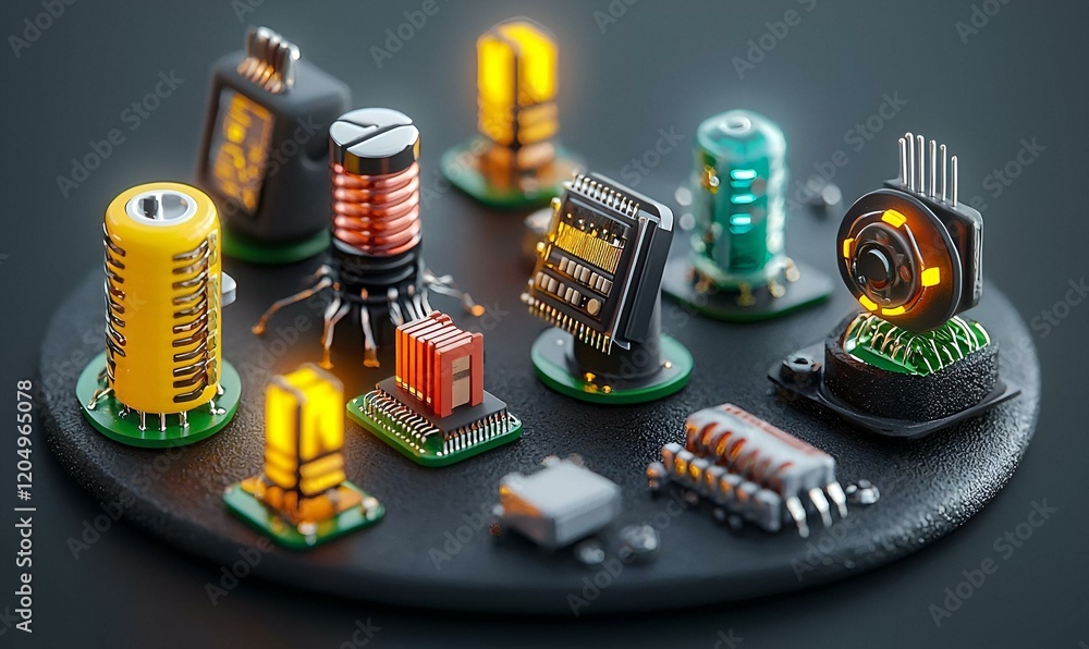Poster isometric electronic component icons, a collection of detailed and colorful icons representing vario