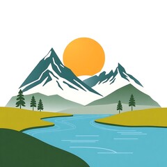 Naklejka premium Sunrise over majestic mountains and river.